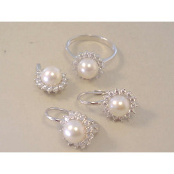 Zlatá dámska súprava prívesok,naušnice,prsteň biele zlato perla, zirkóny VS54887B 14 karátov 585/1000 8,87 g