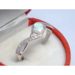 Dámsky zdobený strieborný prsteň biely opál zirkóny ródium VPS59240 925/1000 2,40 g